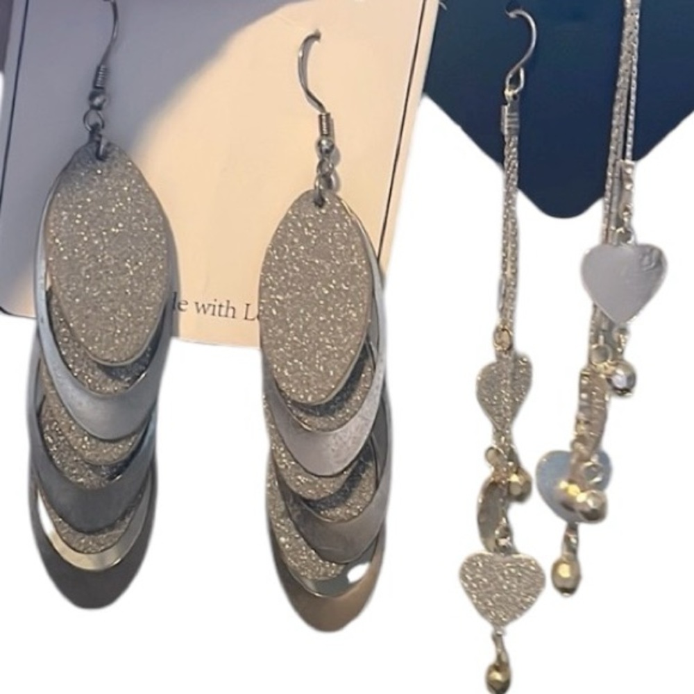 2 Pairs Drop Dangle Earrings Silver Tone Glitter Shimmery